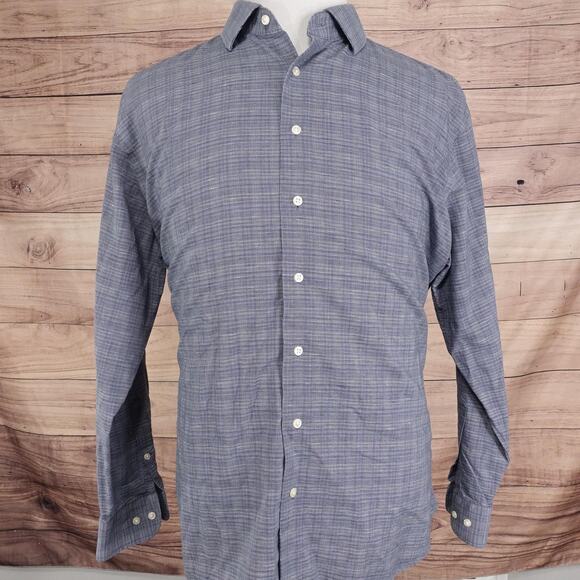 Nordstrom Shirt Mens 17.5 Blue Non Iron Trim Fit Plaid Dress Long Sleeve - Picture 3 of 9